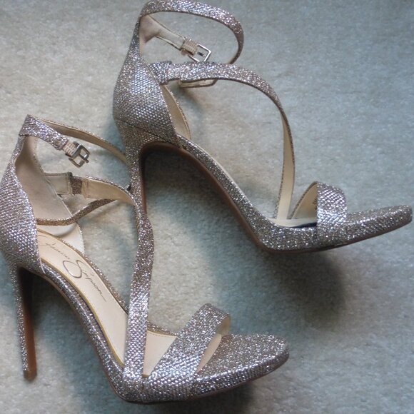 JESSICA SIMPSON gold glitter sparkle strappy heels - NWOT! - Picture 1 of 14